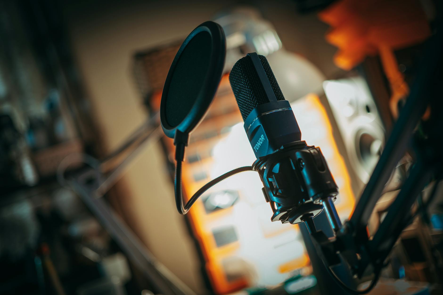Professional podcast microphone in recording studio setup