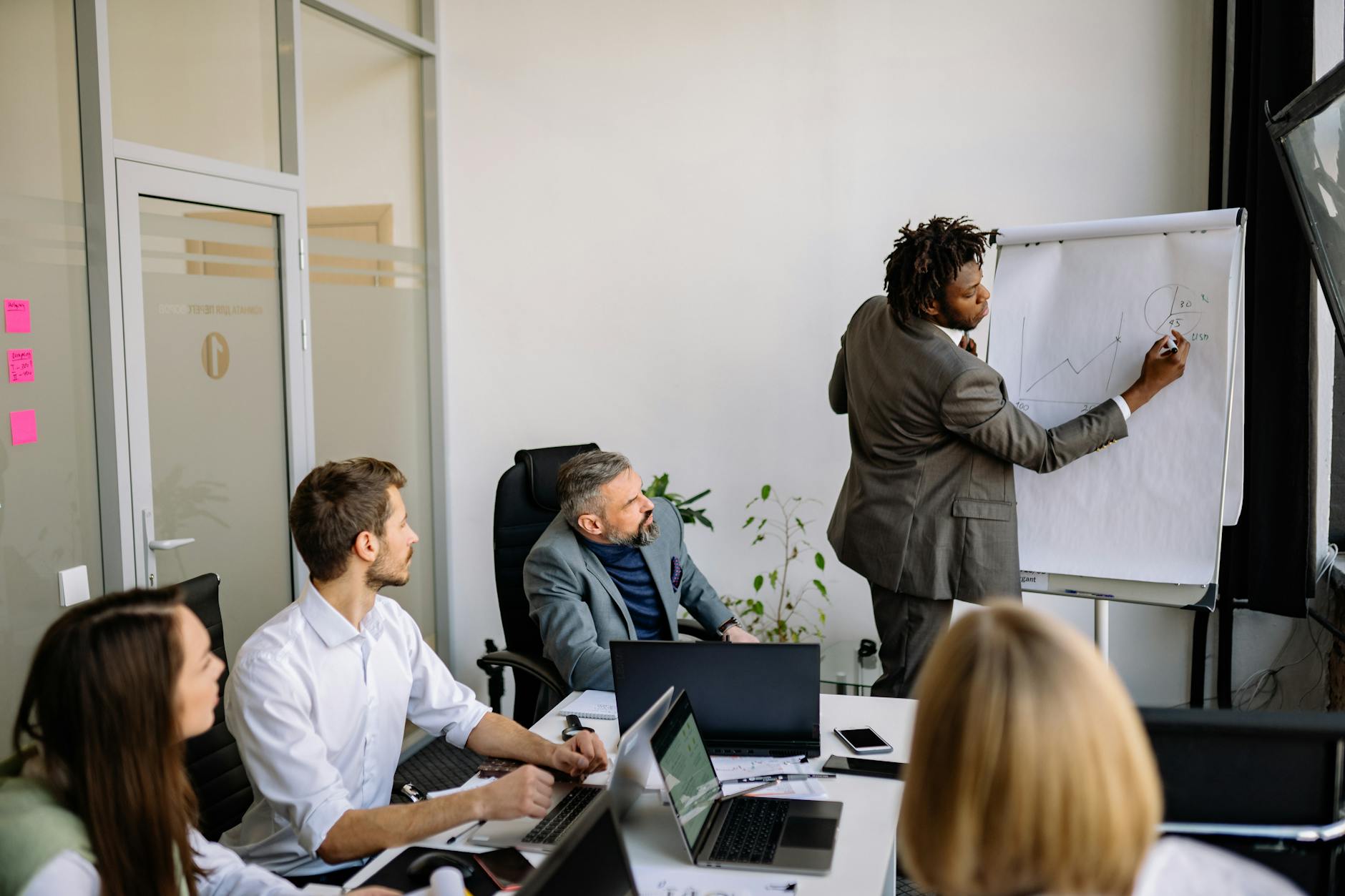 Business professionals sitting around a conference table during a meeting discussion