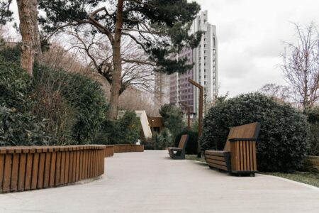 People exploring an urban park setting with trees and pathways
