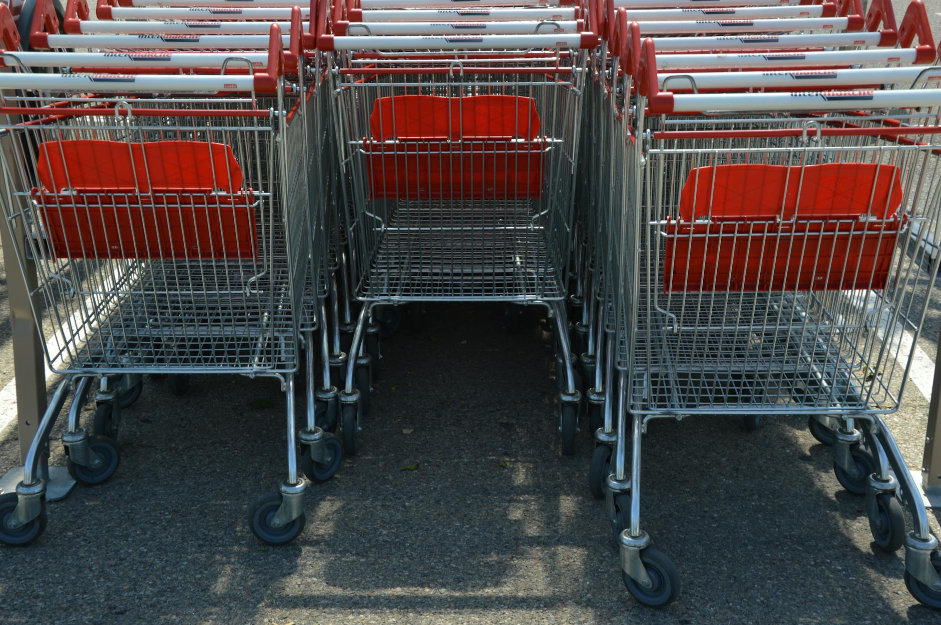 Shopping cart filled with fresh groceries in a modern supermarket aisle