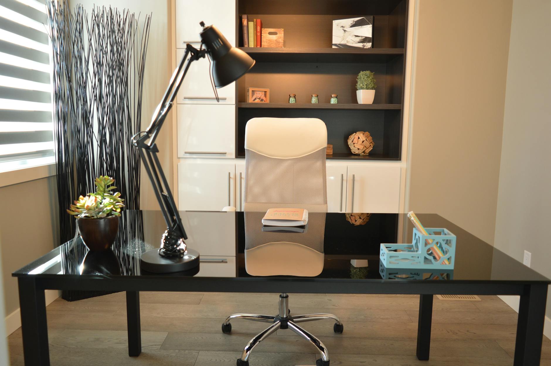 Clean, professionally organized home office with minimal clutter
