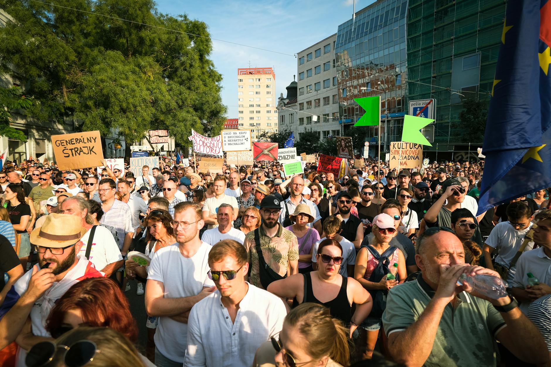 Group of people holding signs at a public demonstration or rally