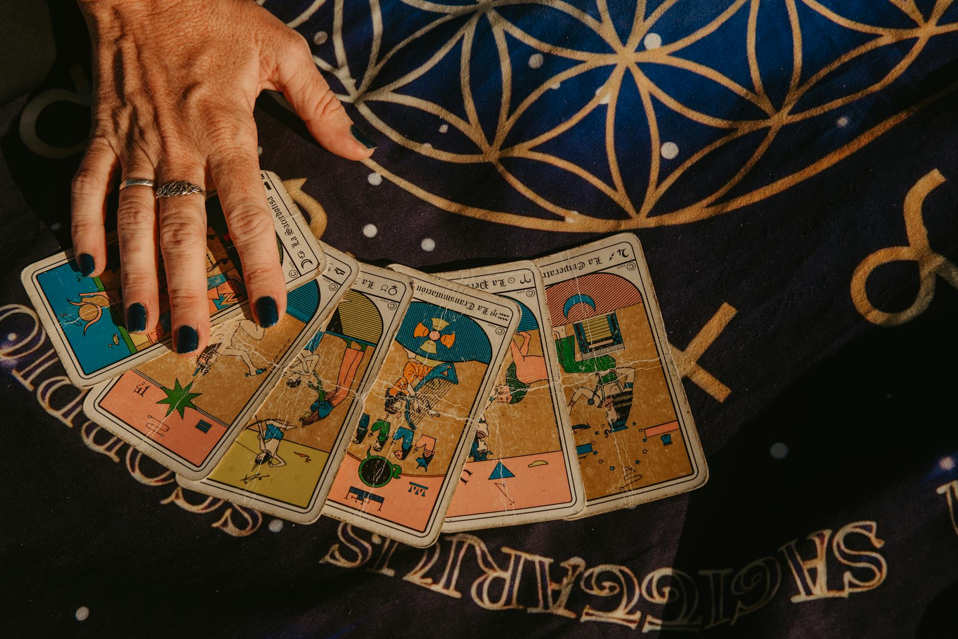 Tarot cards spread with astrological symbols and candles