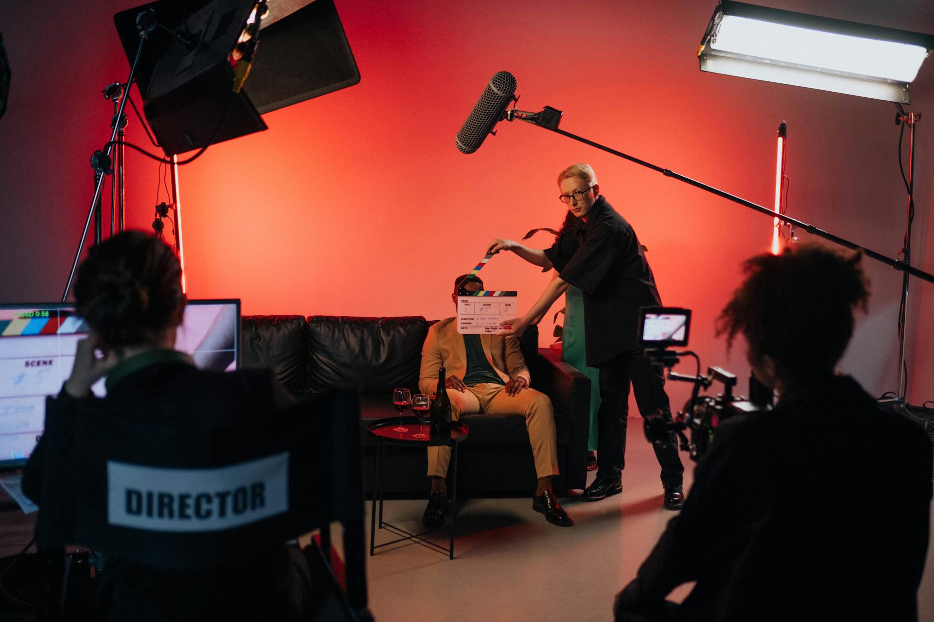 Behind-the-scenes crew filming a fashion editorial shoot