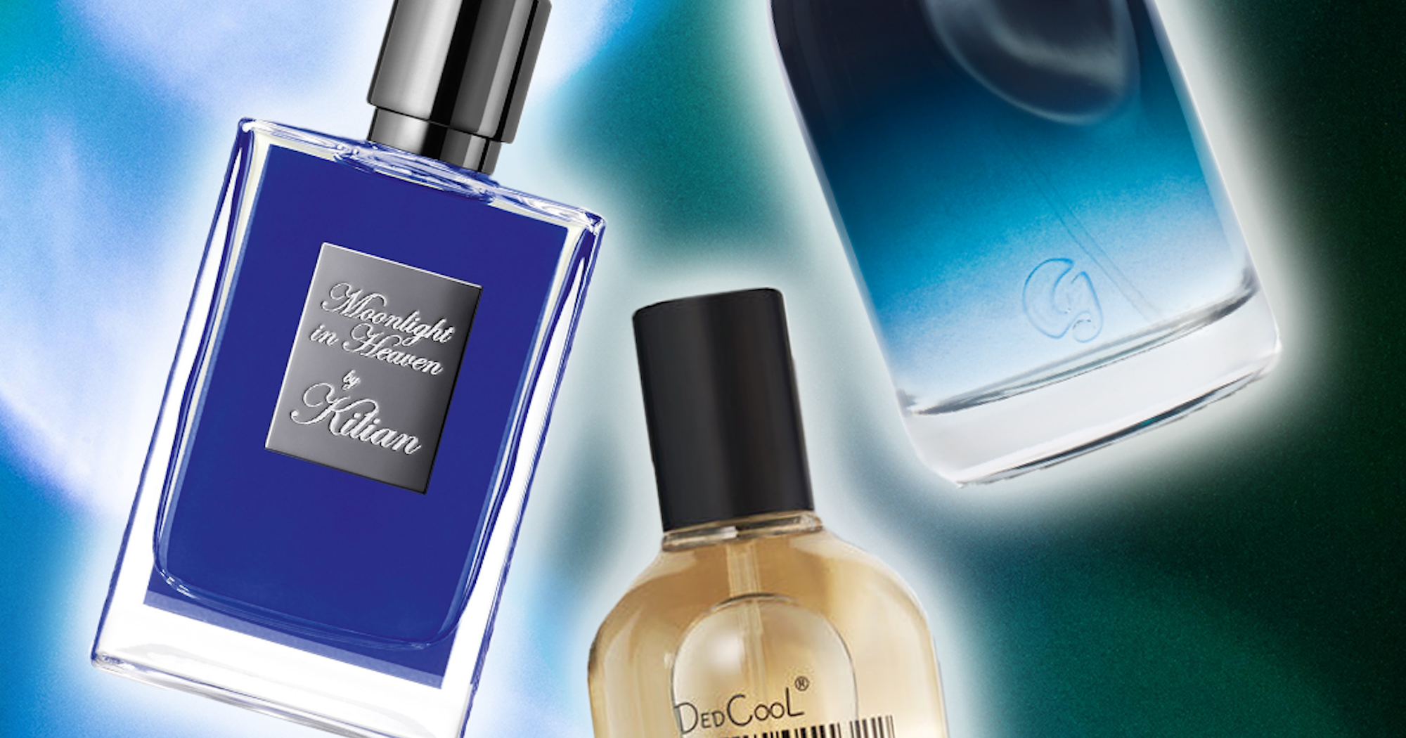 Several perfume bottles arranged on a surface, representing gourmand fragrance options