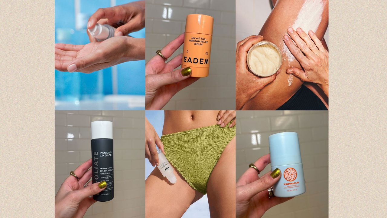 Various skincare bottles and containers arranged on bathroom counter