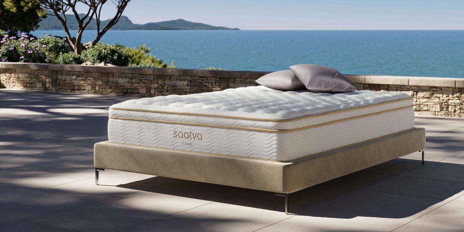 Saatva Mattresses Are on Sale for Memorial Day—And We’ve Got an Exclusive Deal Modern bedroom with white mattress and neutral bedding