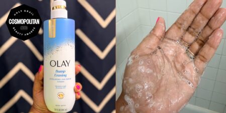 Body wash bottle on bathroom shelf with clean white tiles