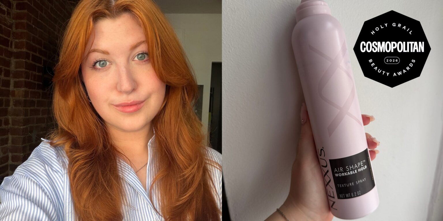 Nexxus Texture Spray Wins 2026 Beauty Award for $18 Woman applying texture spray to fine hair for volume
