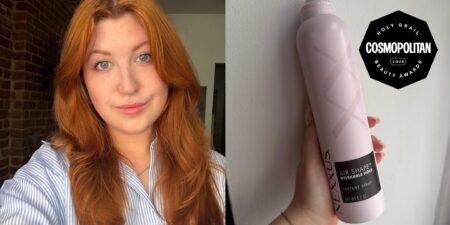 Woman applying texture spray to fine hair for volume