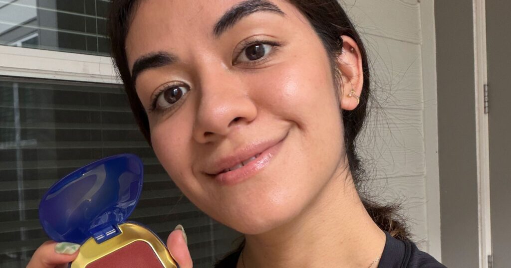 Violette’s Plume Blush Is So Good, I Know I’ll Be Wearing It All Summer Long Close-up of cream blush compact with soft powder finish on neutral surface