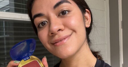 Violette’s Plume Blush Is So Good, I Know I’ll Be Wearing It All Summer Long Close-up of cream blush compact with soft powder finish on neutral surface