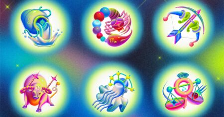 Astrological star chart with zodiac symbols on dark background