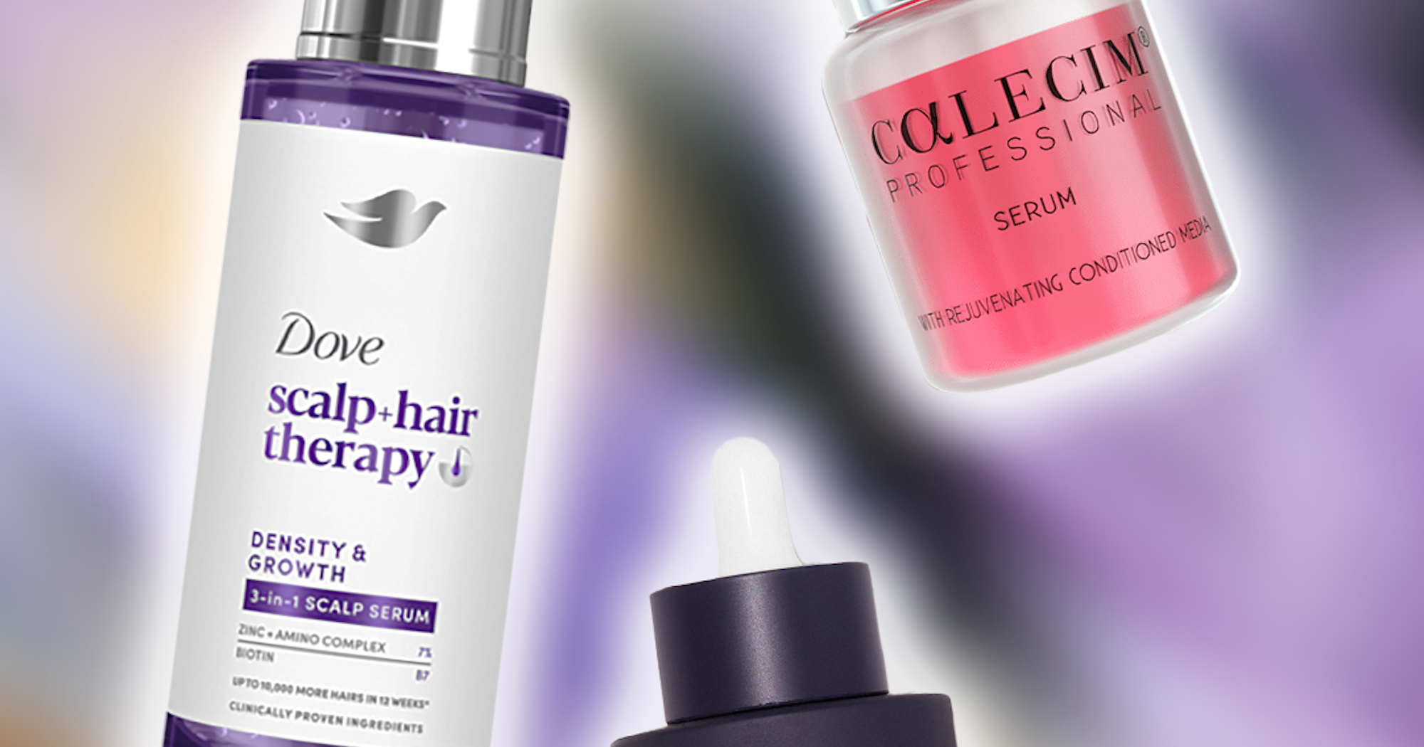 Selection of hair growth serums and scalp treatment bottles on a bathroom shelf