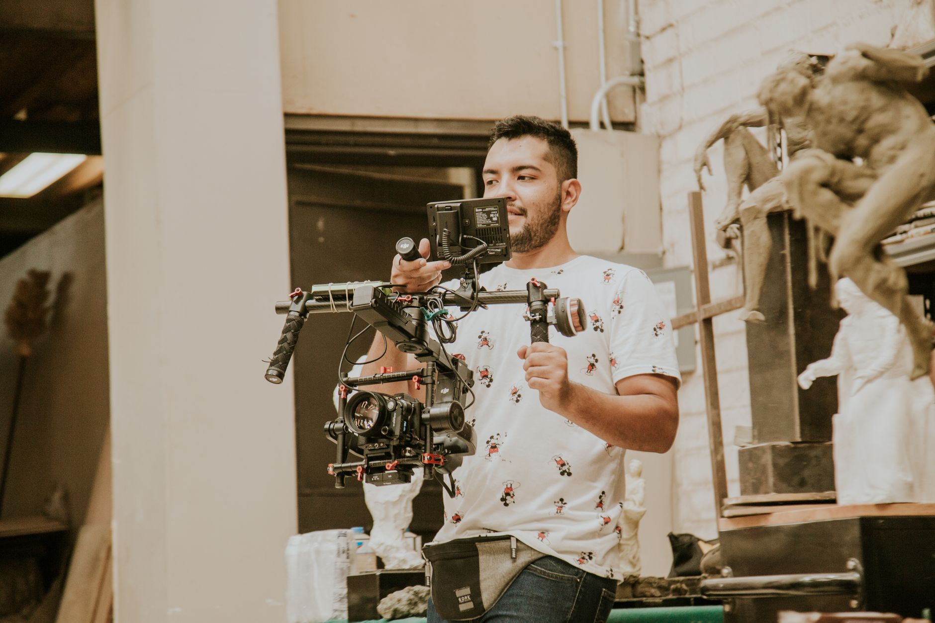 Behind-the-scenes view of a movie production set with lighting equipment