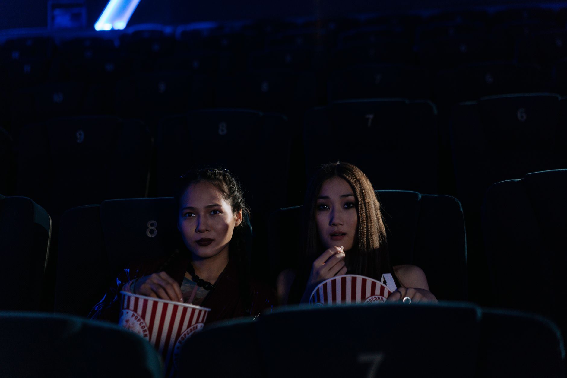 Audience seated in a darkened cinema watching a film on a large screen