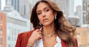 Jessica Alba Wears Gabriel & Co. Daily — Close-up of layered gold and diamond bracelets on a wrist against neutral background