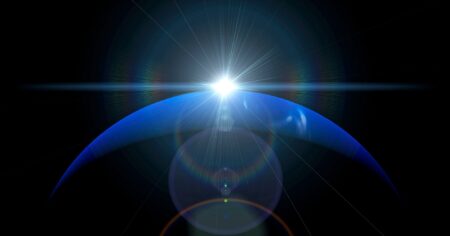 Neptune Goes Retrograde in Aries for Five Months Starting July Deep blue night sky with glowing planet visible above the horizon