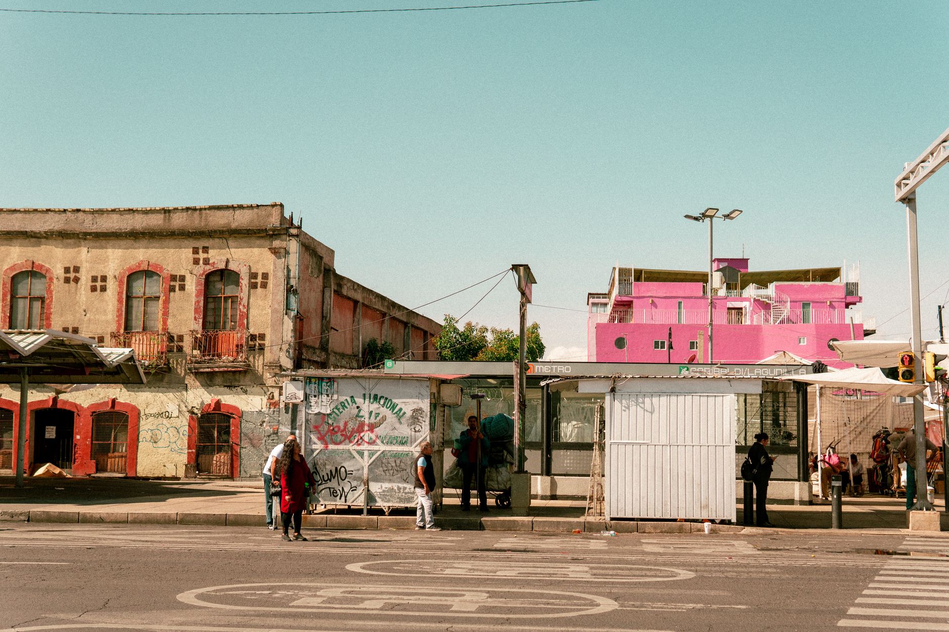 Colorful street scene in Mexico City with vibrant architecture