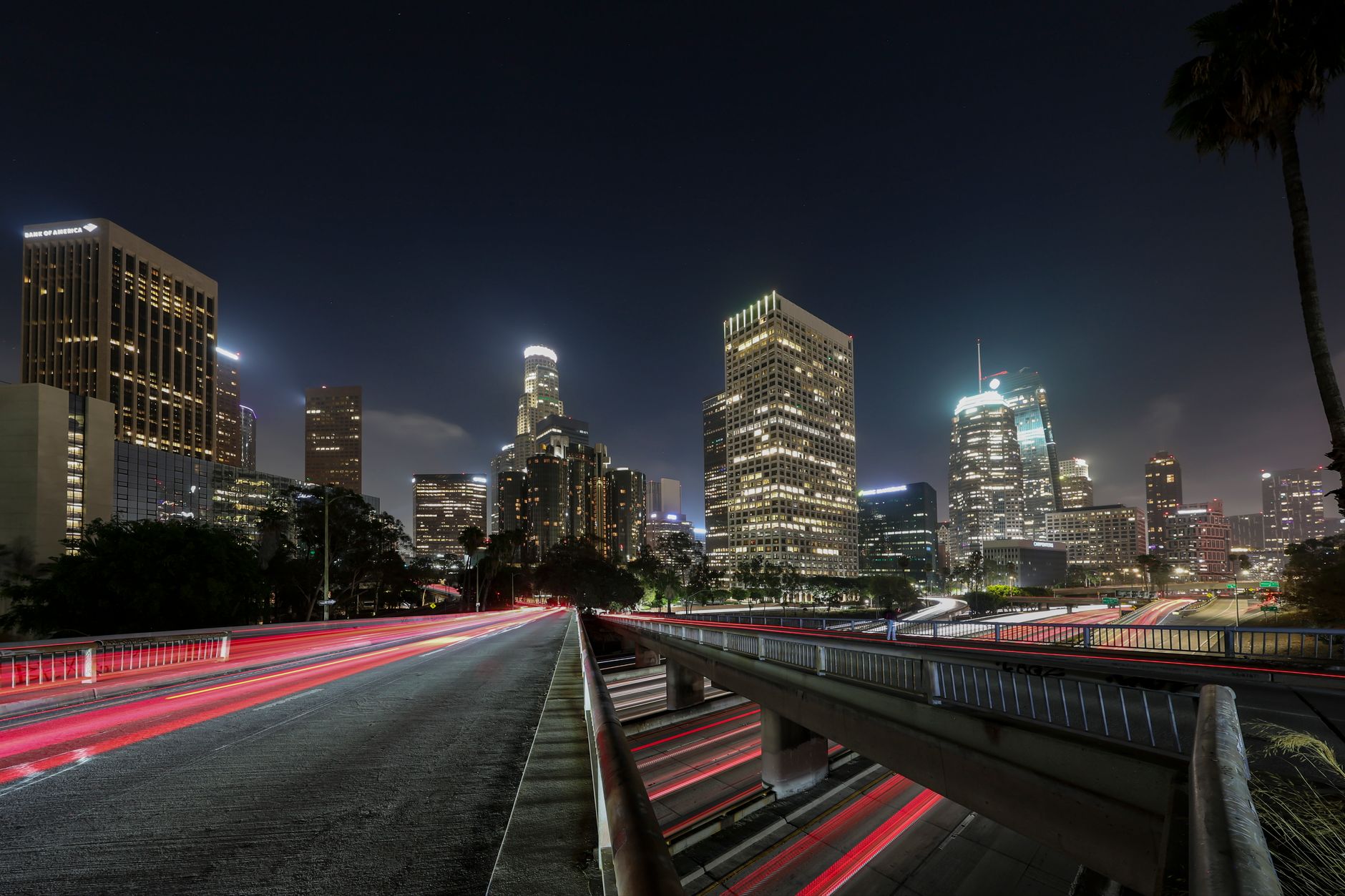 Aerial view of the Los Angeles skyline during golden hour