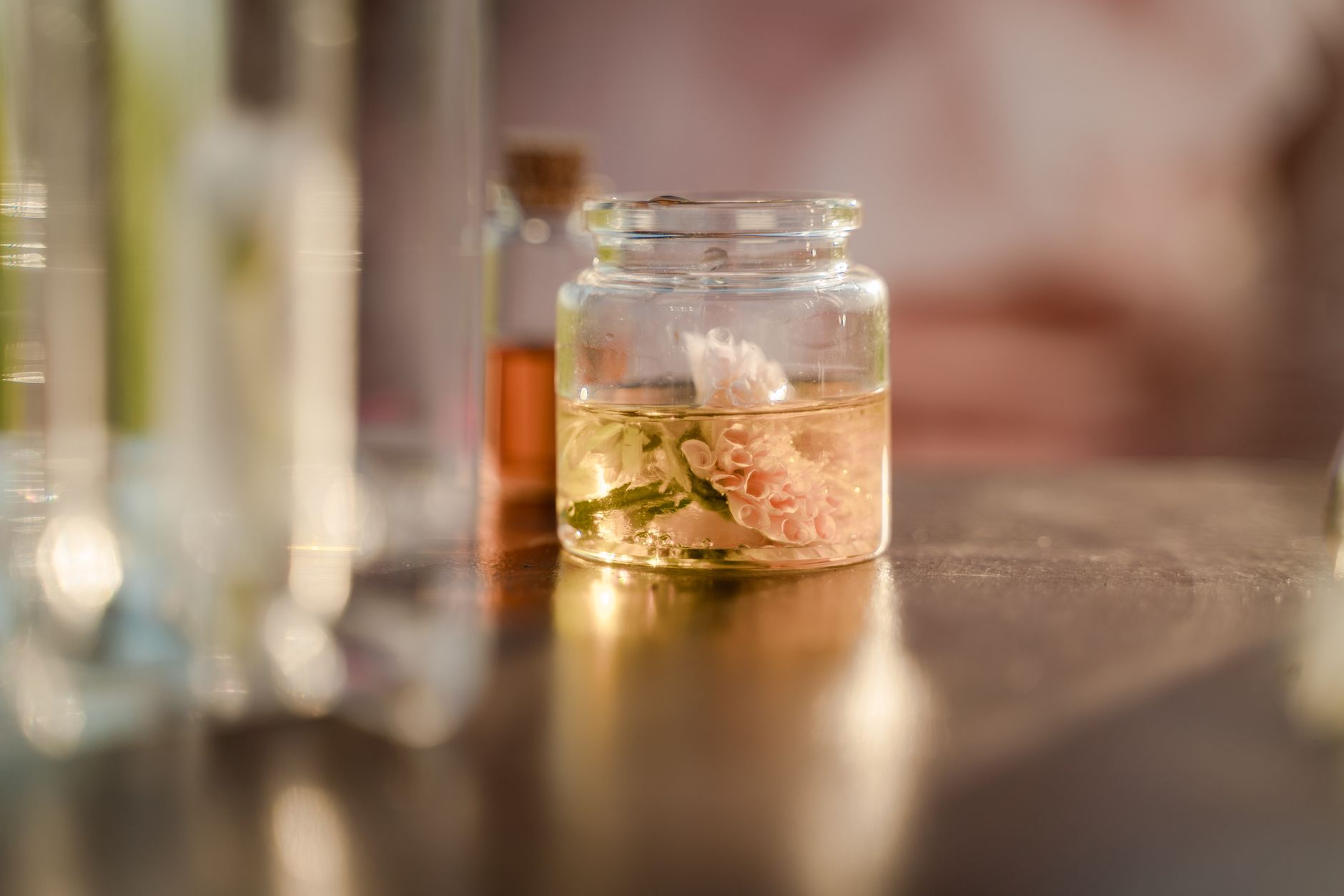 Close-up of botanical ingredients including dried flowers and plant oils used in skincare formulas