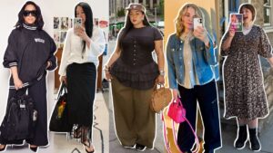 The Age-Appropriate Dressing Rule Is Quietly Falling Apart A woman examining her outfit in a full-length mirror, dressed in a mix of classic and modern pieces