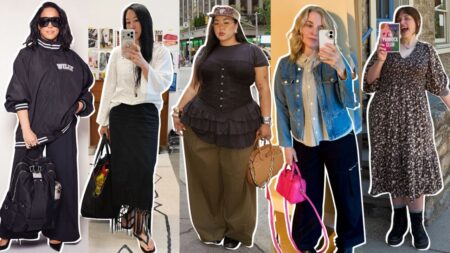 The Age-Appropriate Dressing Rule Is Quietly Falling Apart A woman examining her outfit in a full-length mirror, dressed in a mix of classic and modern pieces