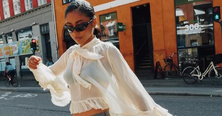 Victorian Blouses Are Taking Over Fall, One Ruffle at a Time A sheer Victorian-style lace blouse with voluminous sleeves laid flat on a neutral background