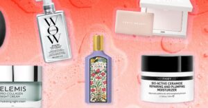 Assorted makeup and skincare products arranged on a white surface