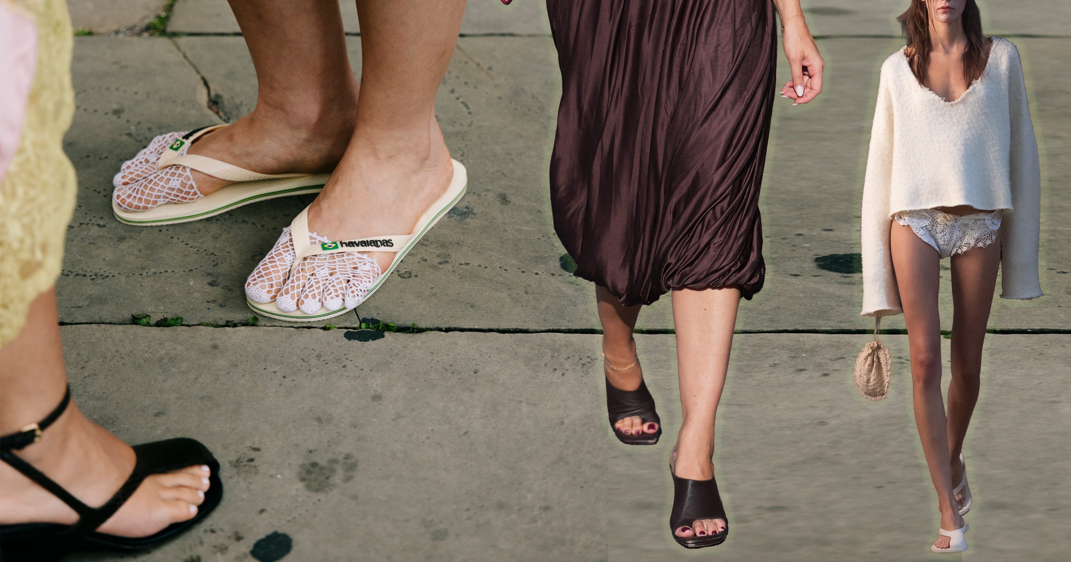 Street style attendees outside a fashion week venue wearing statement sandals and summer outfits