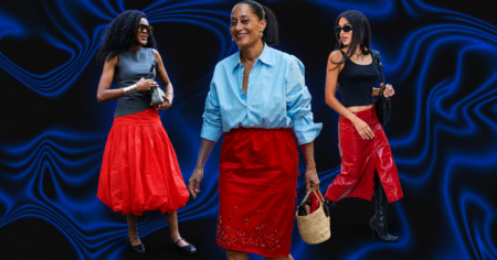 Red Skirts Are Replacing Beige as Fall Woman wearing a red pencil skirt styled with a neutral cardigan and black pumps