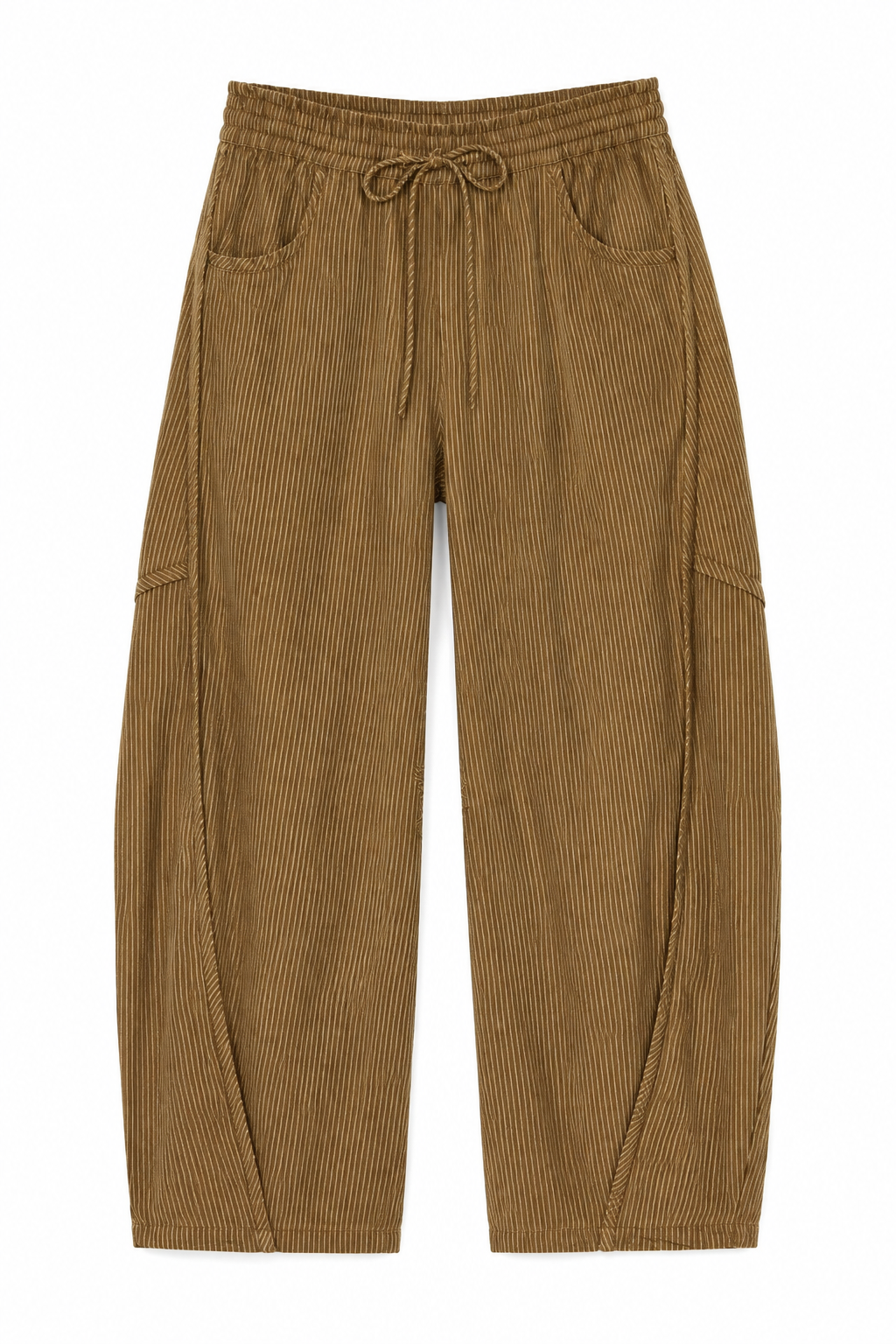Close-up of drawstring waist detail on lightweight linen trousers