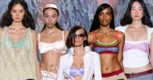 NYFW Says Bras Are The New Going-Out Tops Model walking a fashion runway in a statement bralette and layered outfit