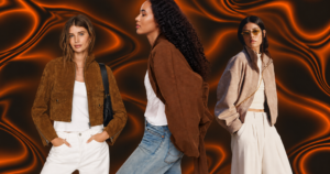 The Suede Jacket Is Fall 2026’s Breakout Trend at Anthropologie Woman wearing a brown suede jacket over casual fall outfit