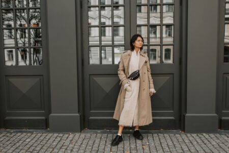 Easy Ways to Wear More Colorful Clothes Every Day A simple fall outfit with a single colorful accessory against neutral clothing