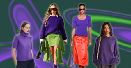 Purple Sweaters Are Outselling Every Other Fall Color Right Now Folded deep purple knit sweater on a neutral surface