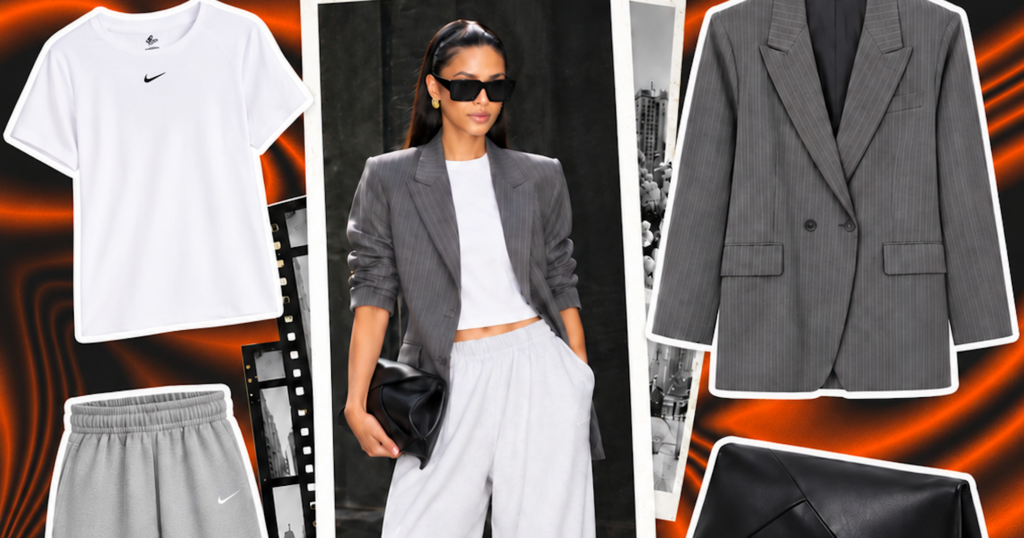 A $65 Outfit Can Read Expensive — Woman wearing a casual white T-shirt and relaxed trousers styled with a structured blazer