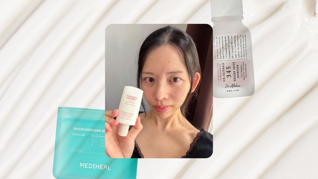 Assorted Korean skin care products arranged on a white bathroom shelf