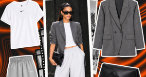 A $65 Outfit Can Read Expensive — Woman wearing a casual white T-shirt and relaxed trousers styled with a structured blazer