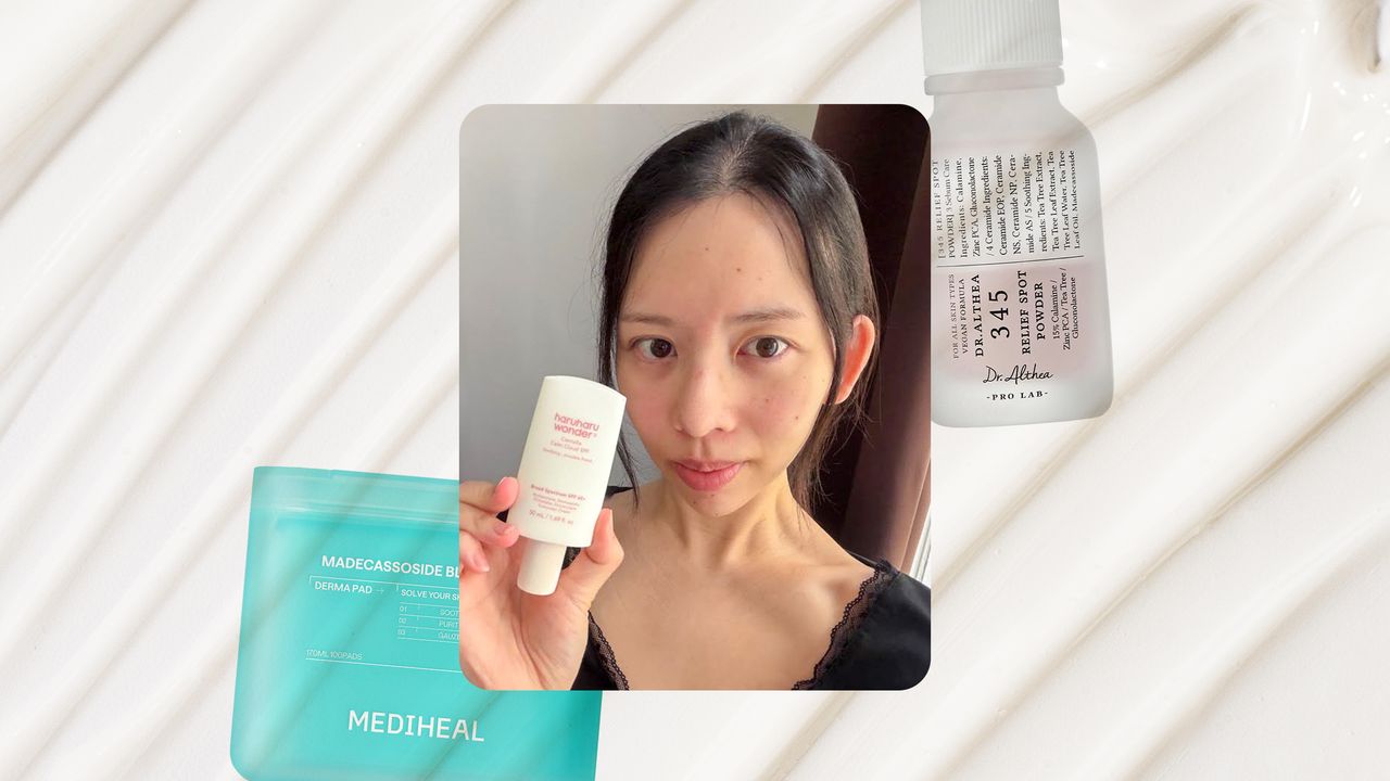 Assorted Korean skin care products arranged on a white bathroom shelf